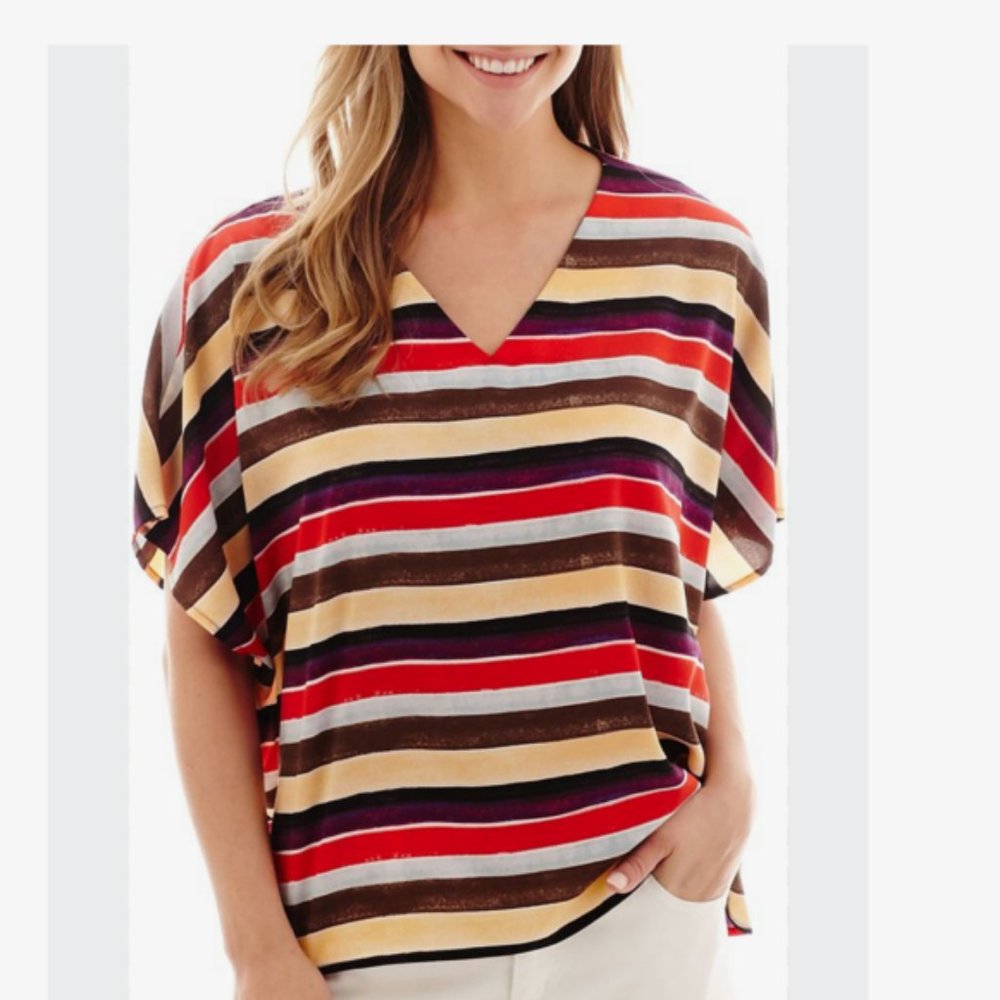 Liz Claiborne Blouse L/XL Relaxed Fit Top Striped Multicolor V-Neck Blue Red Tan